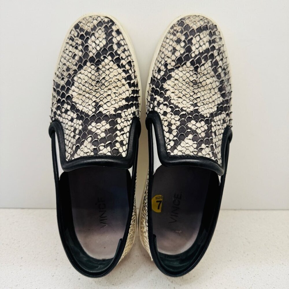 Vince Sneakers Classic Leather Snakeskin Runners Shoes Slip On White Soles Sz 7